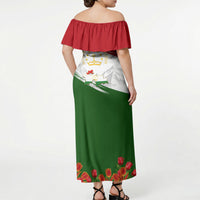Tajikistan Independence Day Off Shoulder Maxi Dress Ismoil Somoni Monument Flag Map Red Tulips
