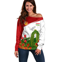 Tajikistan Independence Day Off Shoulder Sweater Ismoil Somoni Monument Flag Map Red Tulips