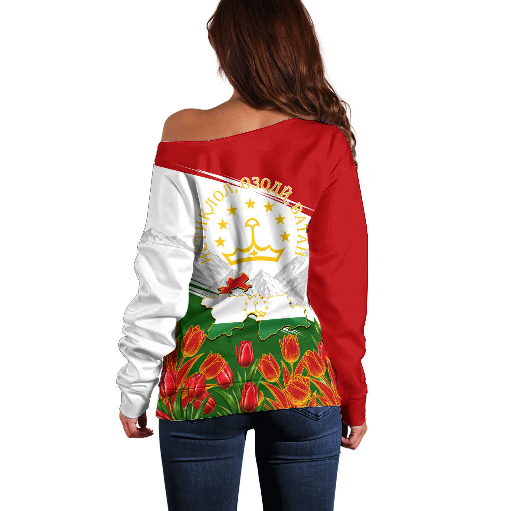 Tajikistan Independence Day Off Shoulder Sweater Ismoil Somoni Monument Flag Map Red Tulips