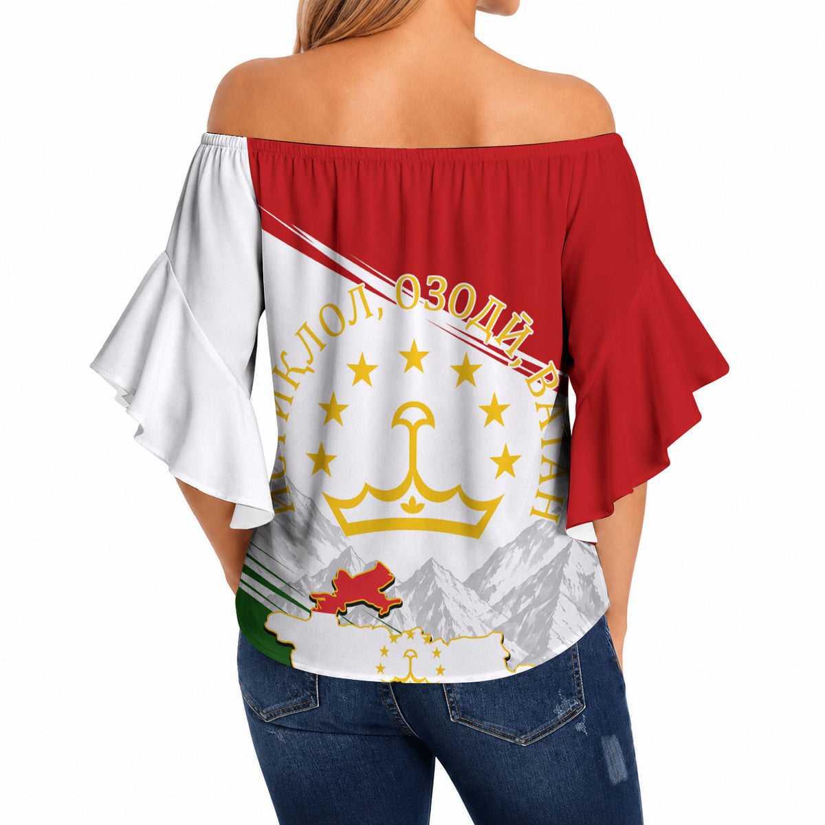 Tajikistan Independence Day Off Shoulder Wrap Waist Top Ismoil Somoni Monument Flag Map Red Tulips