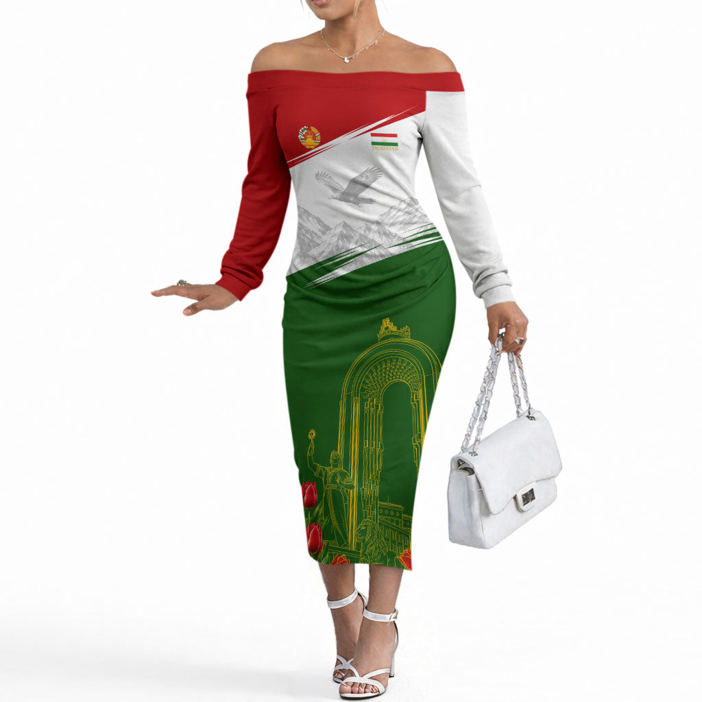 Tajikistan Independence Day Off The Shoulder Long Sleeve Dress Ismoil Somoni Monument Flag Map Red Tulips