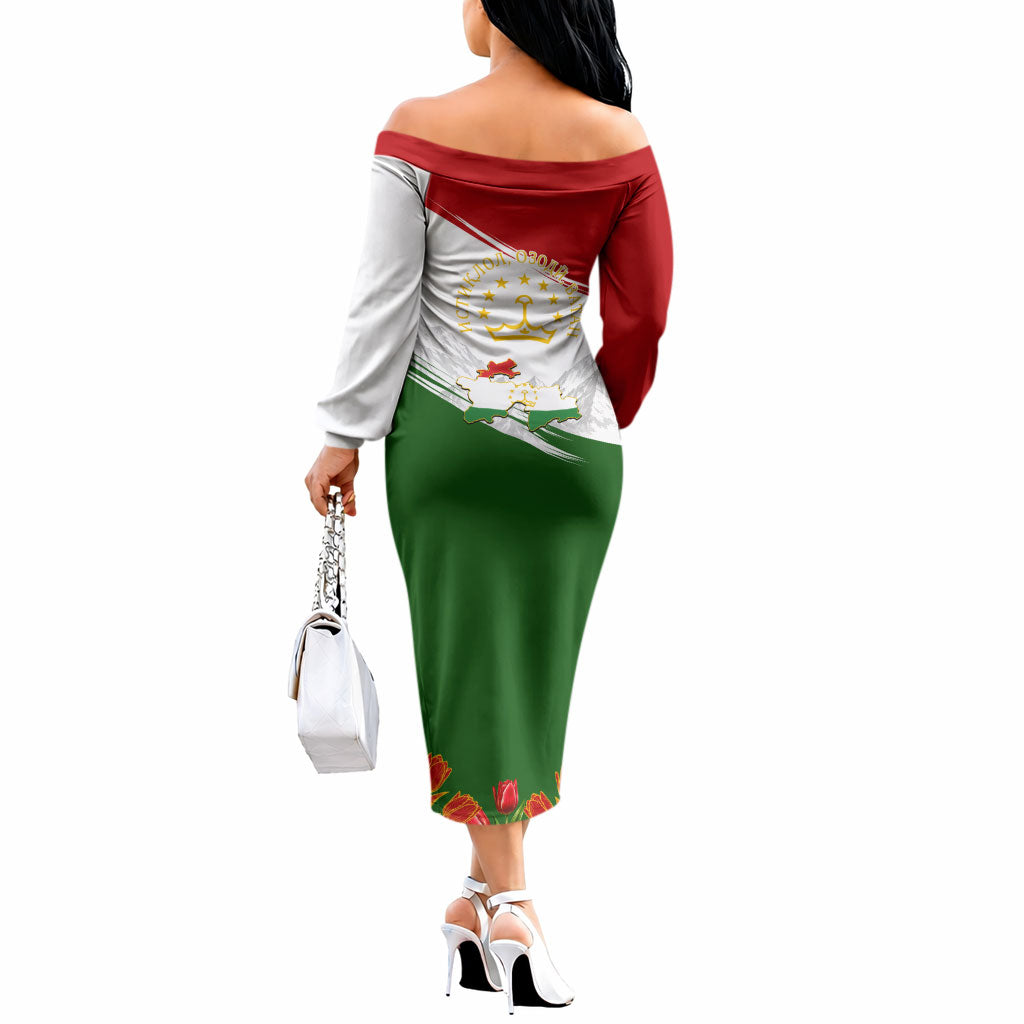 Tajikistan Independence Day Off The Shoulder Long Sleeve Dress Ismoil Somoni Monument Flag Map Red Tulips