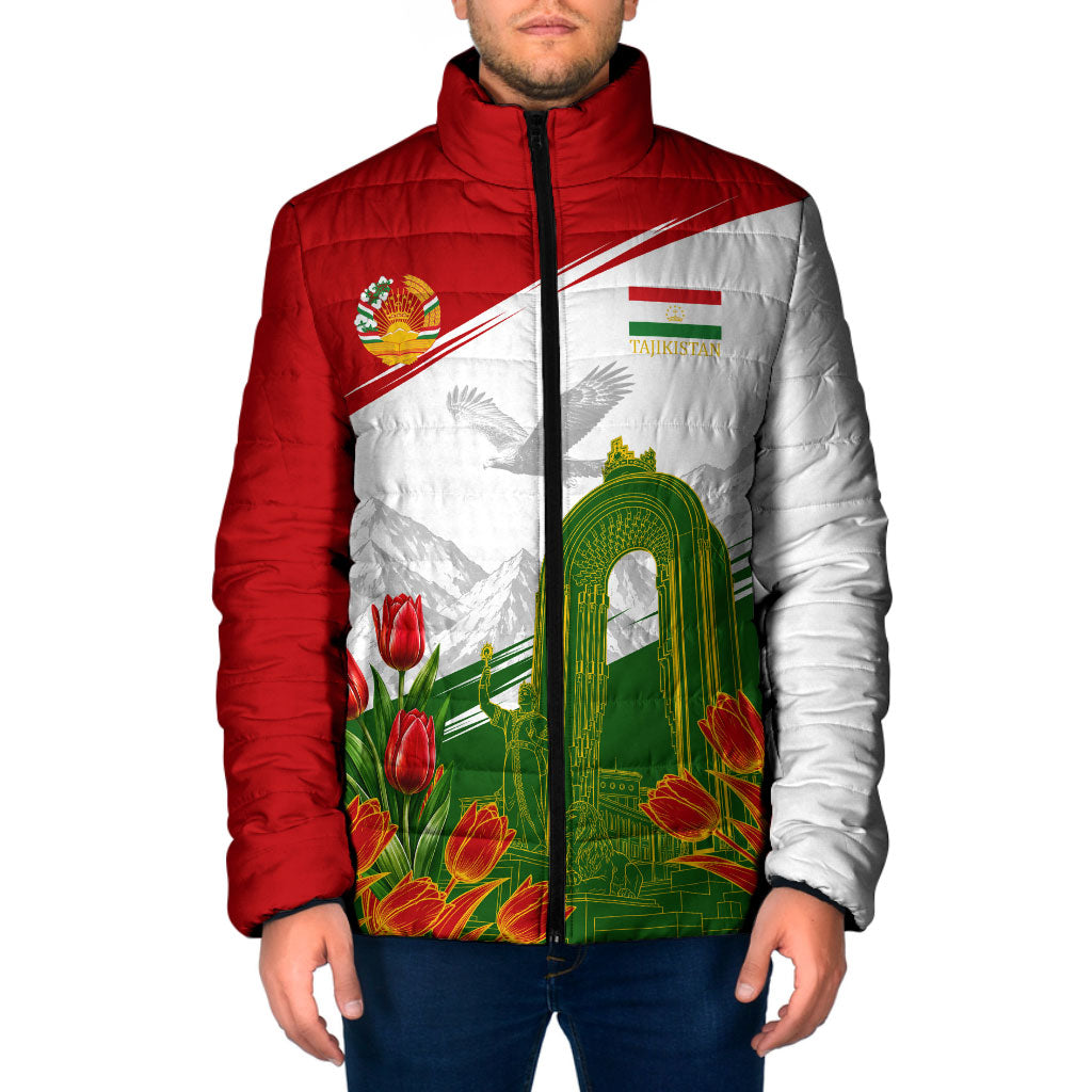 Tajikistan Independence Day Padded Jacket Ismoil Somoni Monument Flag Map Red Tulips