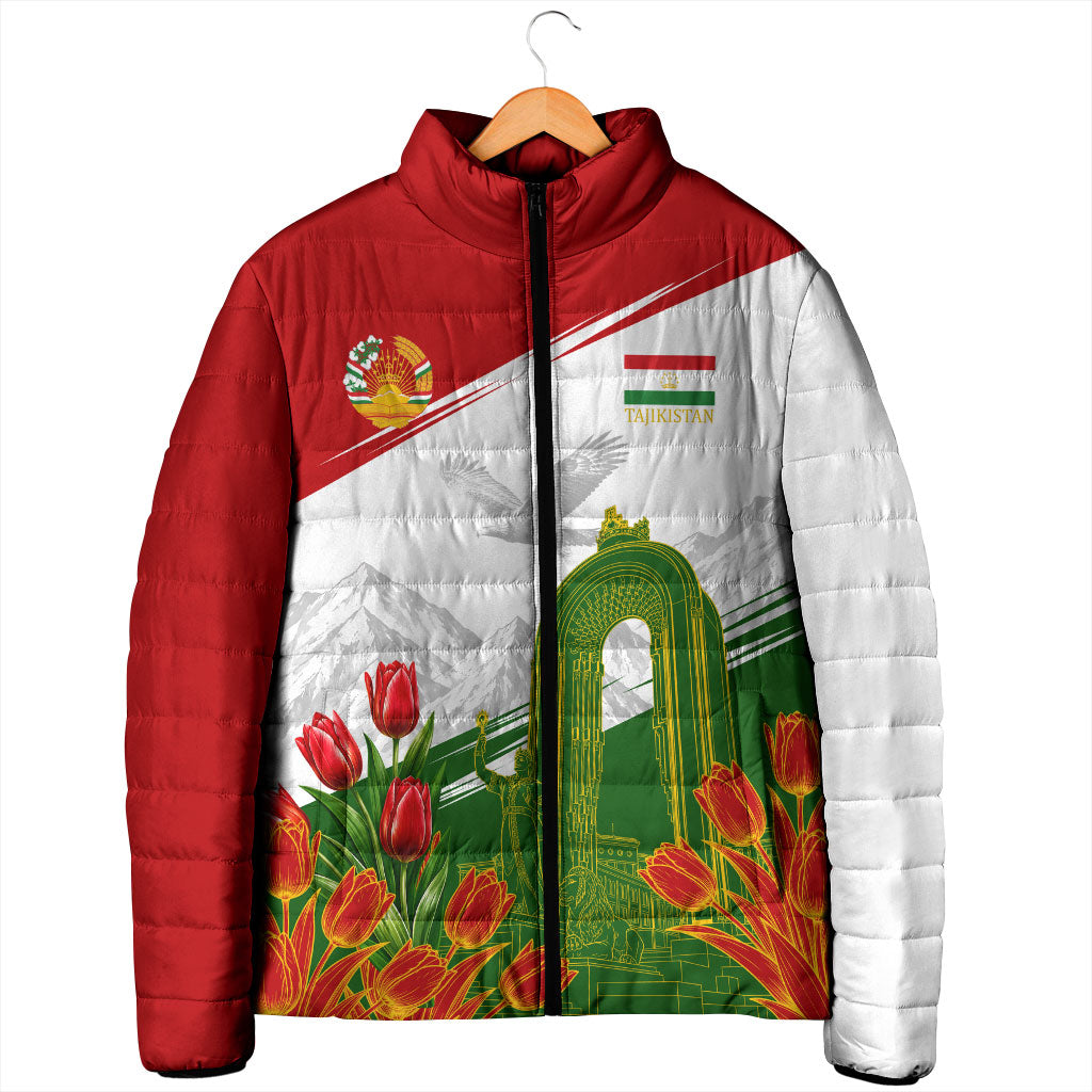 Tajikistan Independence Day Padded Jacket Ismoil Somoni Monument Flag Map Red Tulips