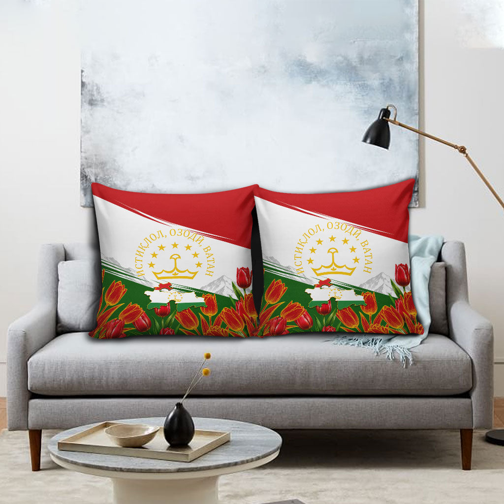 Tajikistan Independence Day Pillow Cover Ismoil Somoni Monument Flag Map Red Tulips