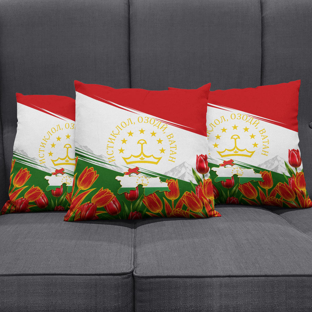 Tajikistan Independence Day Pillow Cover Ismoil Somoni Monument Flag Map Red Tulips