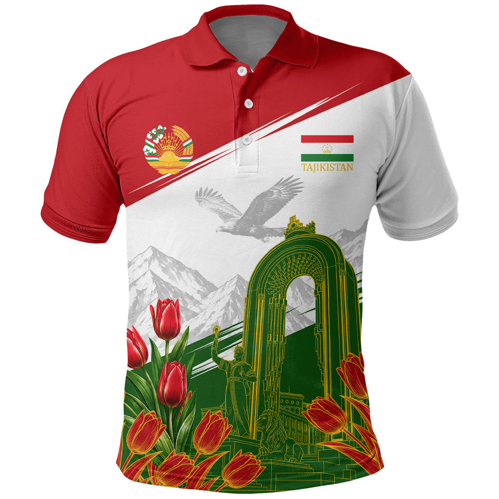 Tajikistan Independence Day Polo Shirt Ismoil Somoni Monument Flag Map Red Tulips