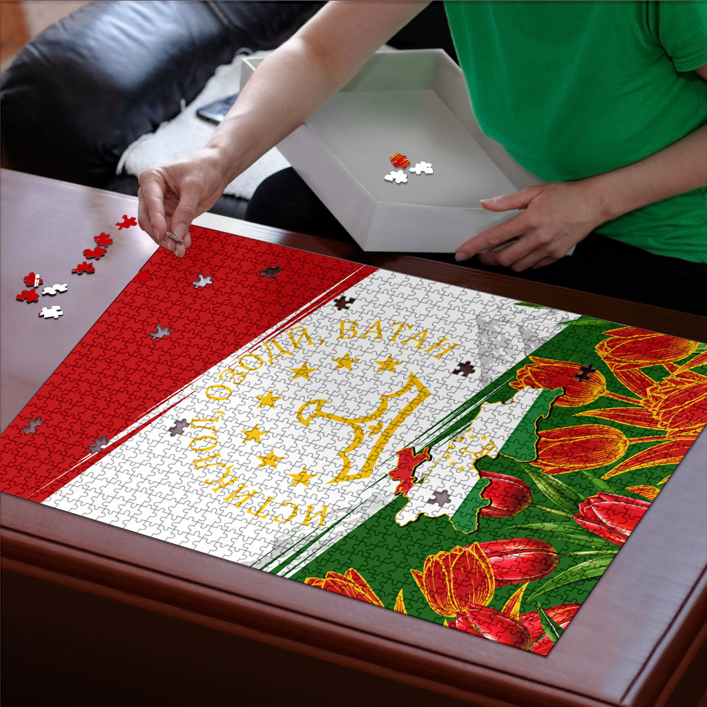 Tajikistan Independence Day Puzzle Ismoil Somoni Monument Flag Map Red Tulips
