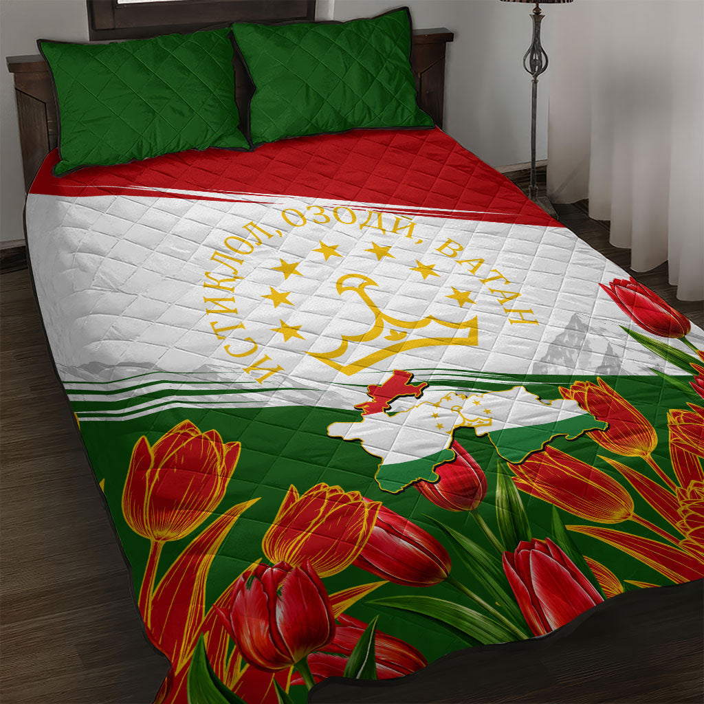 Tajikistan Independence Day Quilt Bed Set Ismoil Somoni Monument Flag Map Red Tulips