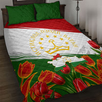 Tajikistan Independence Day Quilt Bed Set Ismoil Somoni Monument Flag Map Red Tulips