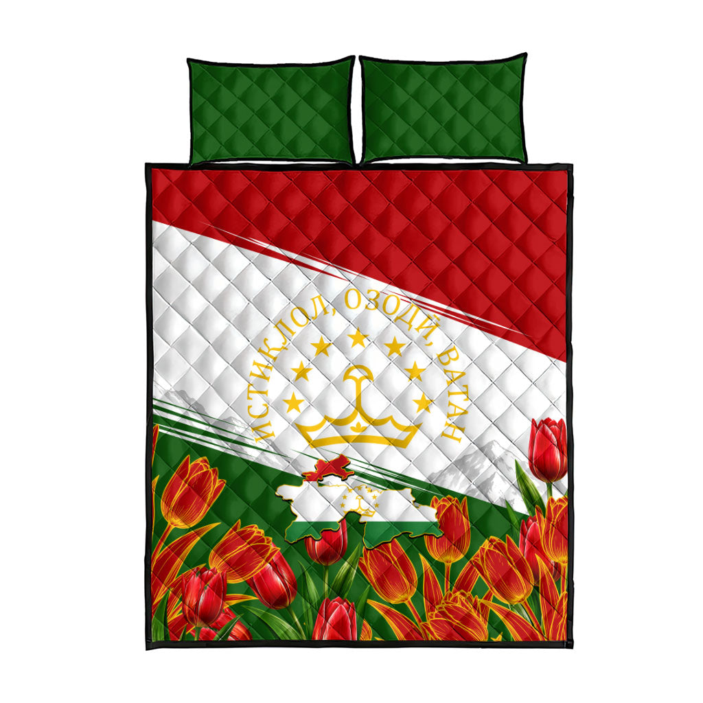 Tajikistan Independence Day Quilt Bed Set Ismoil Somoni Monument Flag Map Red Tulips