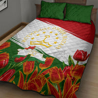 Tajikistan Independence Day Quilt Bed Set Ismoil Somoni Monument Flag Map Red Tulips