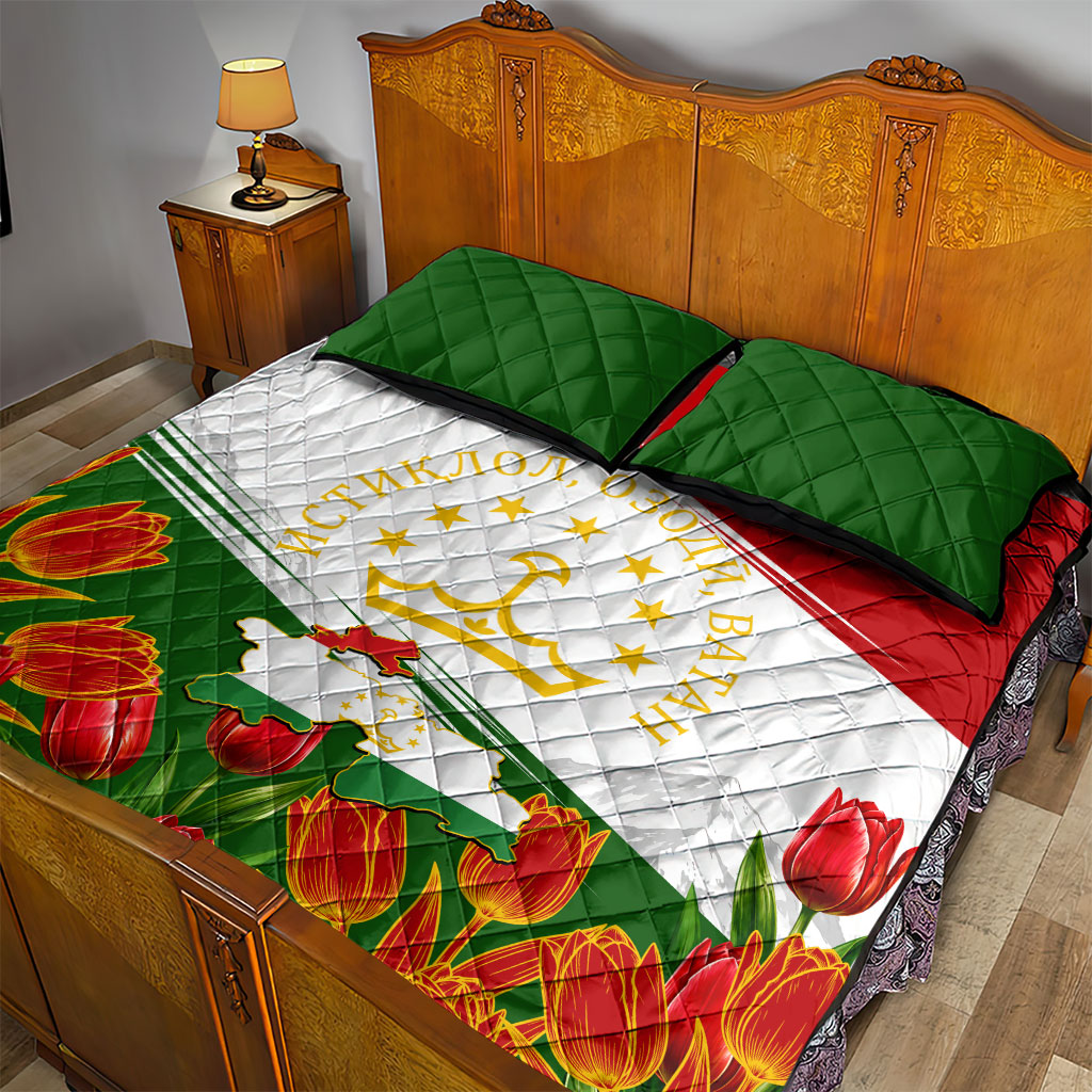 Tajikistan Independence Day Quilt Bed Set Ismoil Somoni Monument Flag Map Red Tulips