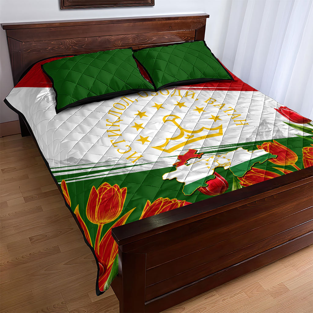Tajikistan Independence Day Quilt Bed Set Ismoil Somoni Monument Flag Map Red Tulips