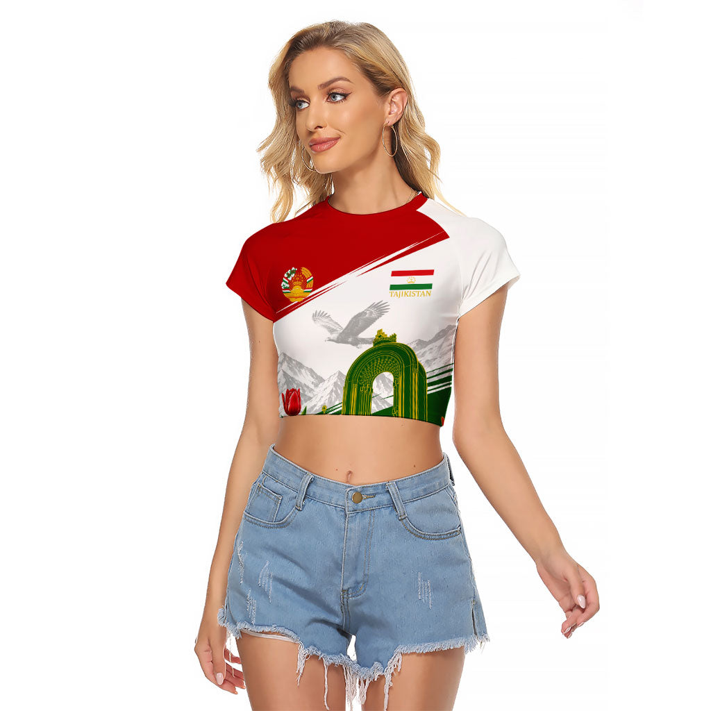 Tajikistan Independence Day Raglan Cropped T Shirt Ismoil Somoni Monument Flag Map Red Tulips
