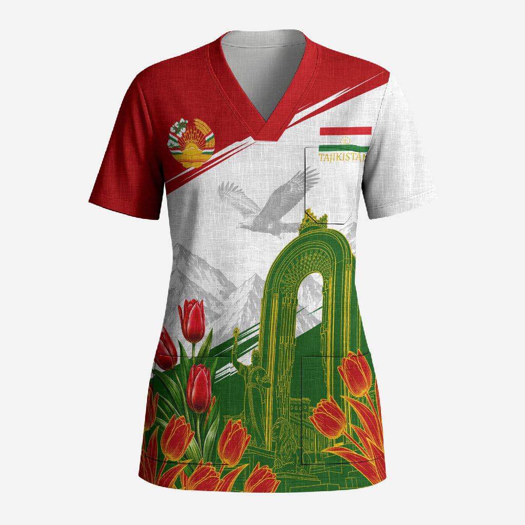 Tajikistan Independence Day Scrub Top Ismoil Somoni Monument Flag Map Red Tulips