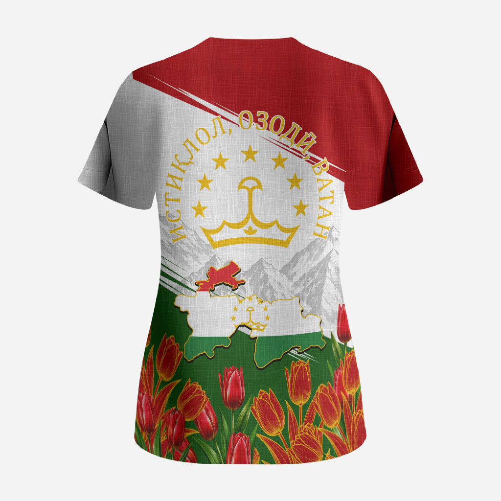Tajikistan Independence Day Scrub Top Ismoil Somoni Monument Flag Map Red Tulips