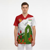 Tajikistan Independence Day Scrub Top Ismoil Somoni Monument Flag Map Red Tulips