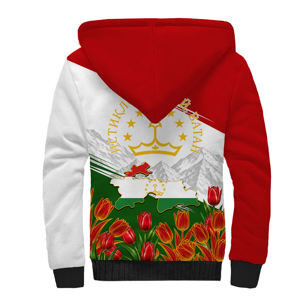 Tajikistan Independence Day Sherpa Hoodie Ismoil Somoni Monument Flag Map Red Tulips