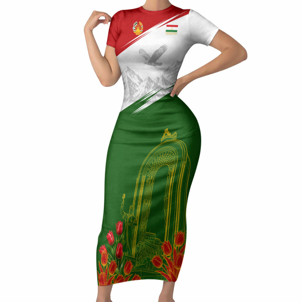 Tajikistan Independence Day Short Sleeve Bodycon Dress Ismoil Somoni Monument Flag Map Red Tulips