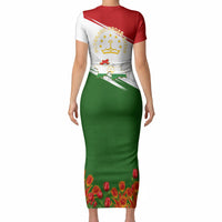 Tajikistan Independence Day Short Sleeve Bodycon Dress Ismoil Somoni Monument Flag Map Red Tulips
