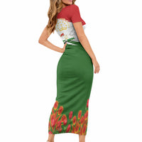 Tajikistan Independence Day Short Sleeve Bodycon Dress Ismoil Somoni Monument Flag Map Red Tulips