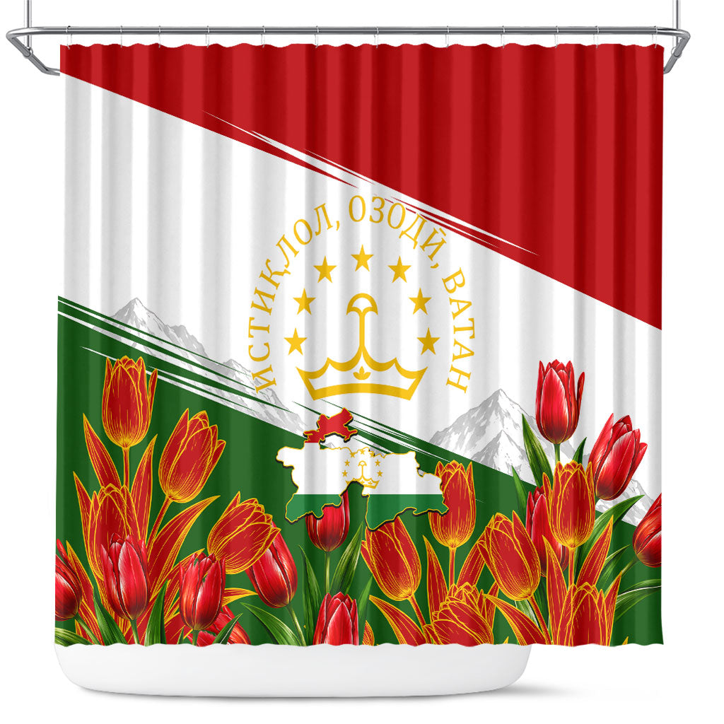 Tajikistan Independence Day Shower Curtain Ismoil Somoni Monument Flag Map Red Tulips