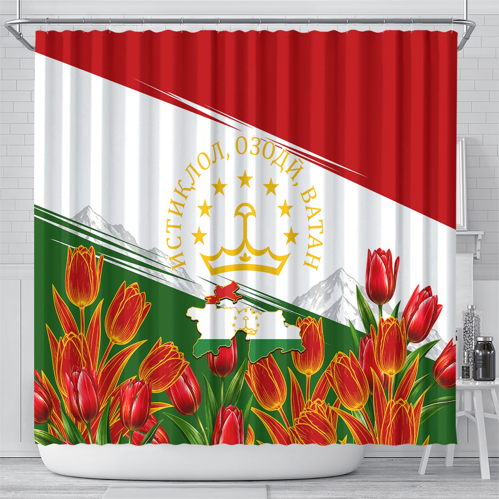Tajikistan Independence Day Shower Curtain Ismoil Somoni Monument Flag Map Red Tulips