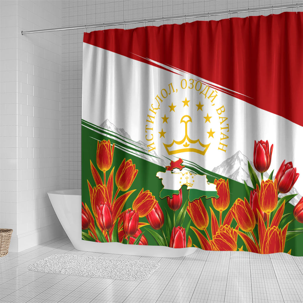 Tajikistan Independence Day Shower Curtain Ismoil Somoni Monument Flag Map Red Tulips
