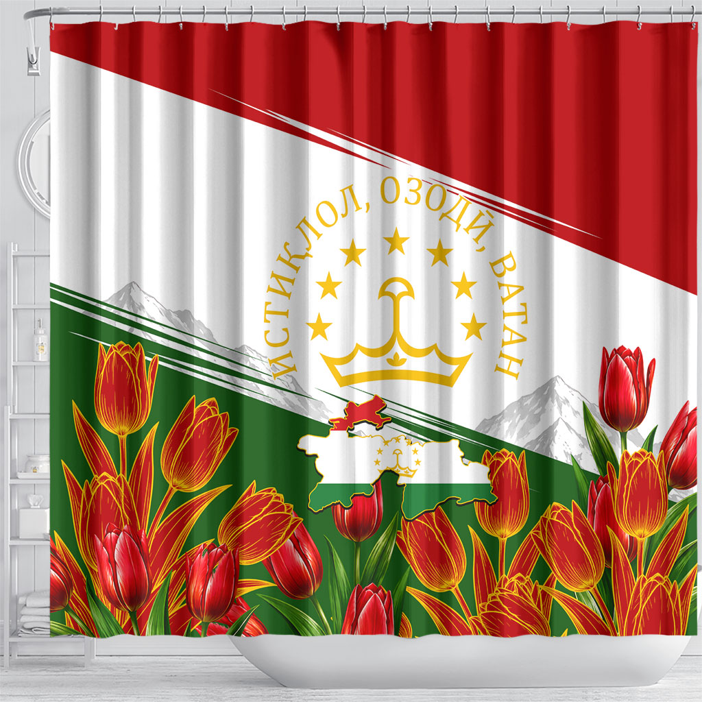 Tajikistan Independence Day Shower Curtain Ismoil Somoni Monument Flag Map Red Tulips