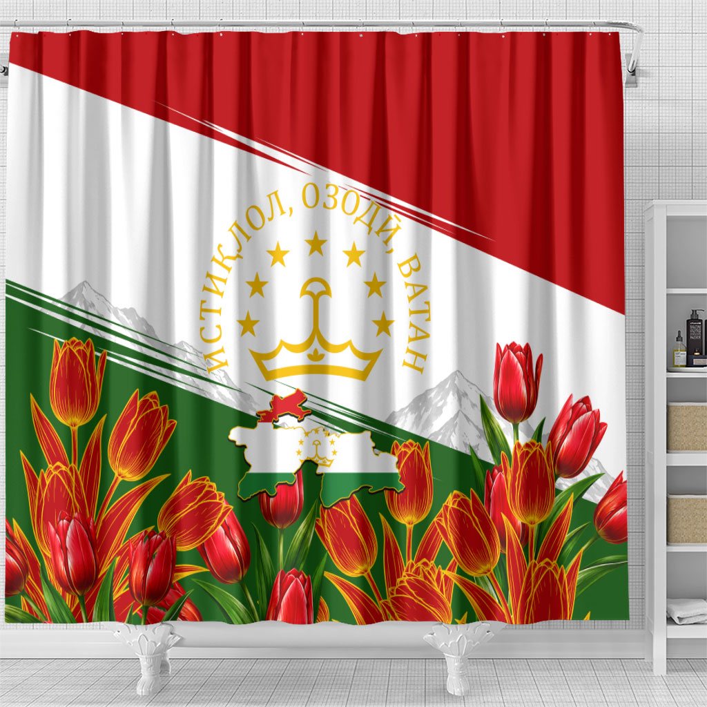 Tajikistan Independence Day Shower Curtain Ismoil Somoni Monument Flag Map Red Tulips