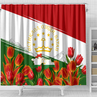 Tajikistan Independence Day Shower Curtain Ismoil Somoni Monument Flag Map Red Tulips