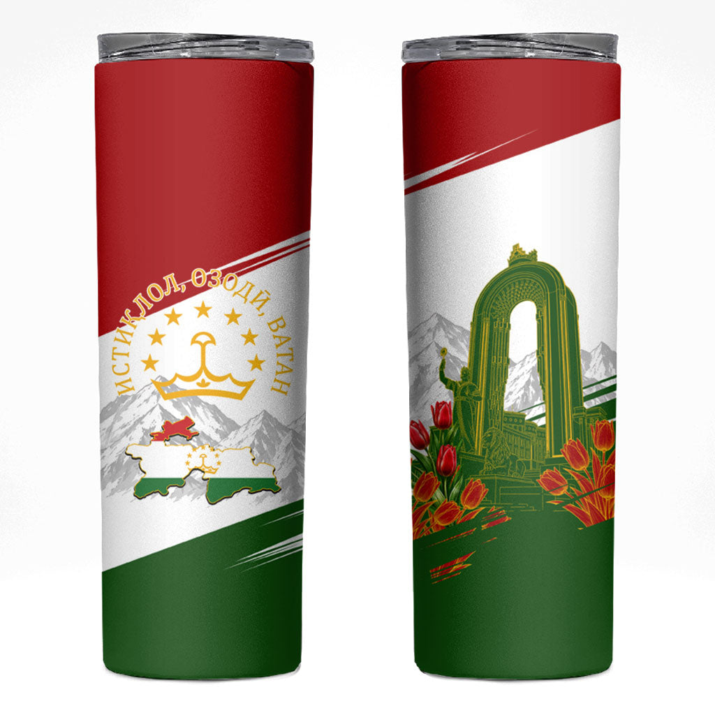 Tajikistan Independence Day Skinny Tumbler Ismoil Somoni Monument Flag Map Red Tulips