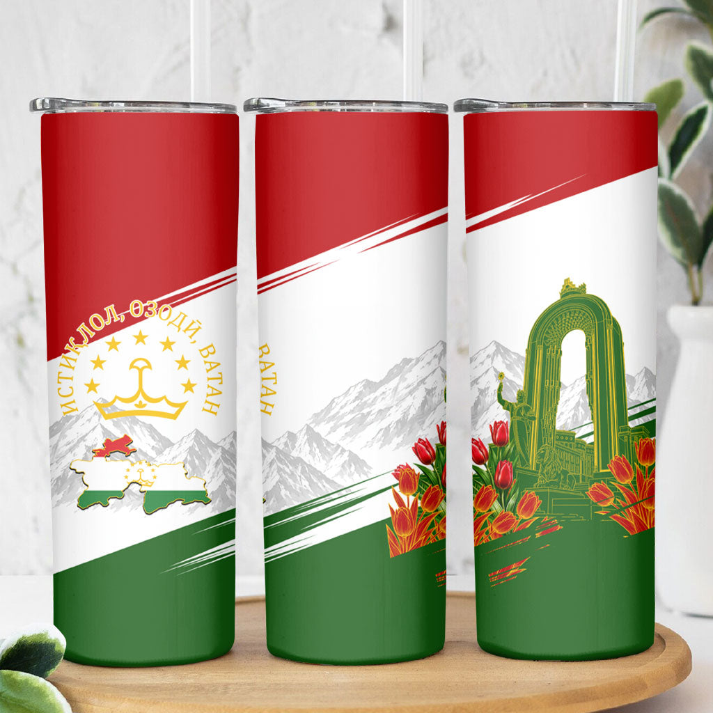 Tajikistan Independence Day Skinny Tumbler Ismoil Somoni Monument Flag Map Red Tulips