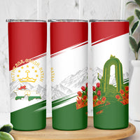 Tajikistan Independence Day Skinny Tumbler Ismoil Somoni Monument Flag Map Red Tulips