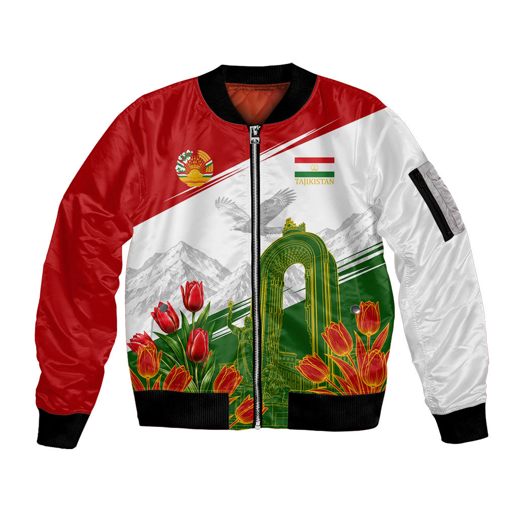 Tajikistan Independence Day Sleeve Zip Bomber Jacket Ismoil Somoni Monument Flag Map Red Tulips