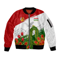 Tajikistan Independence Day Sleeve Zip Bomber Jacket Ismoil Somoni Monument Flag Map Red Tulips