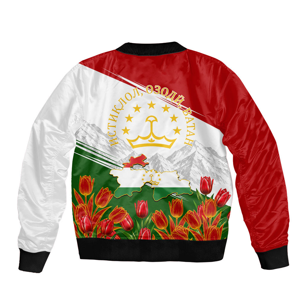 Tajikistan Independence Day Sleeve Zip Bomber Jacket Ismoil Somoni Monument Flag Map Red Tulips