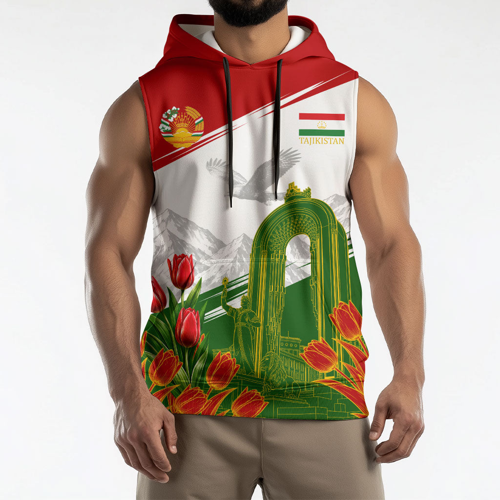 Tajikistan Independence Day Sleeveless Hoodie Ismoil Somoni Monument Flag Map Red Tulips