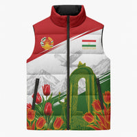 Tajikistan Independence Day Sleeveless Puffer Jacket Ismoil Somoni Monument Flag Map Red Tulips
