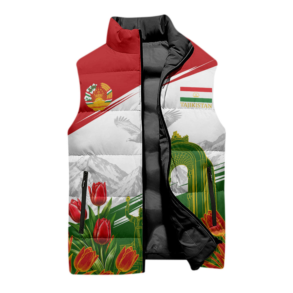 Tajikistan Independence Day Sleeveless Puffer Jacket Ismoil Somoni Monument Flag Map Red Tulips