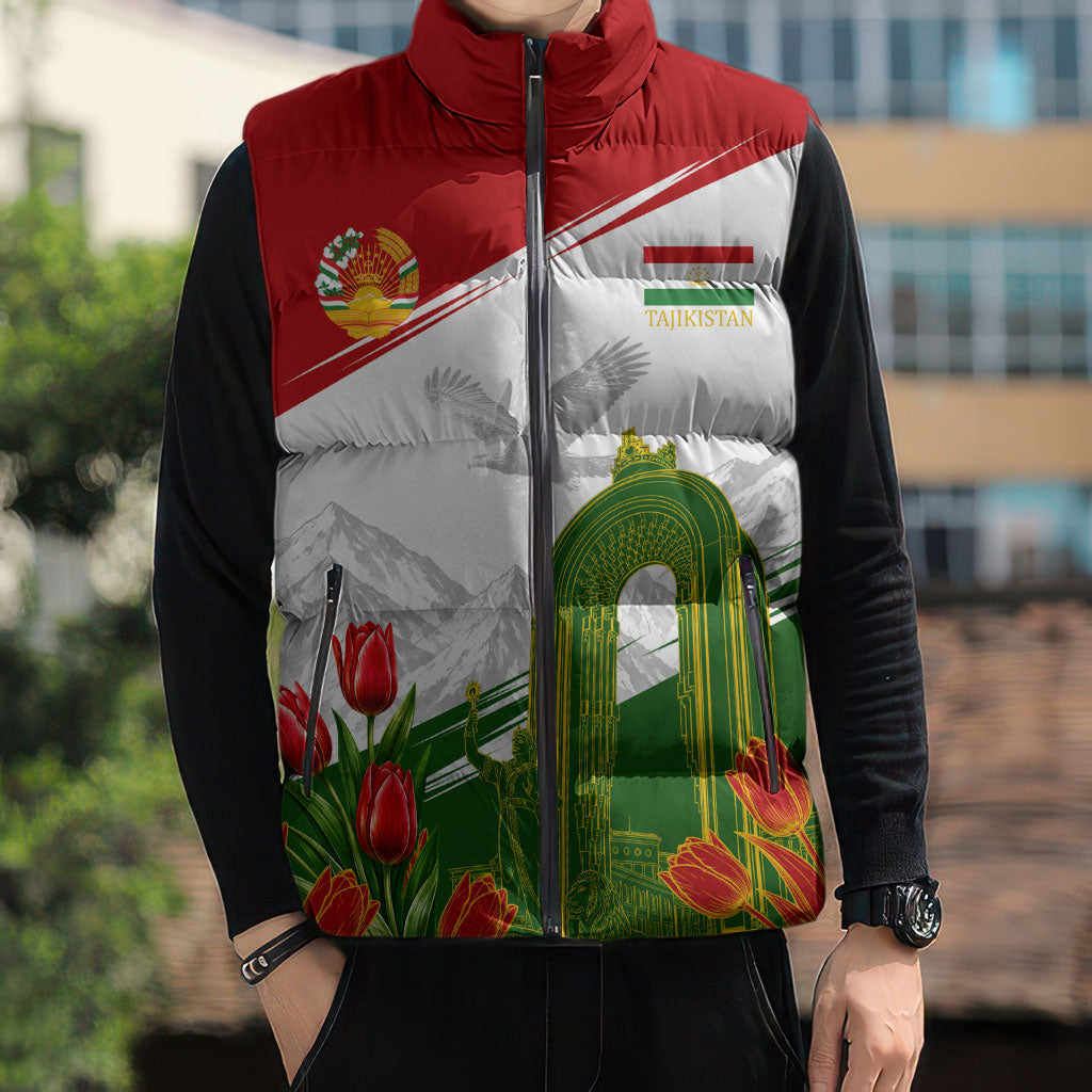 Tajikistan Independence Day Sleeveless Puffer Jacket Ismoil Somoni Monument Flag Map Red Tulips