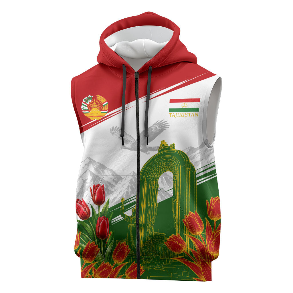 Tajikistan Independence Day Sleeveless Zip Hoodie Ismoil Somoni Monument Flag Map Red Tulips