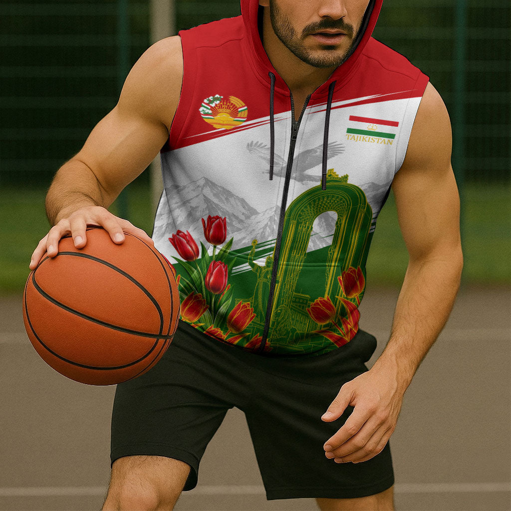 Tajikistan Independence Day Sleeveless Zip Hoodie Ismoil Somoni Monument Flag Map Red Tulips