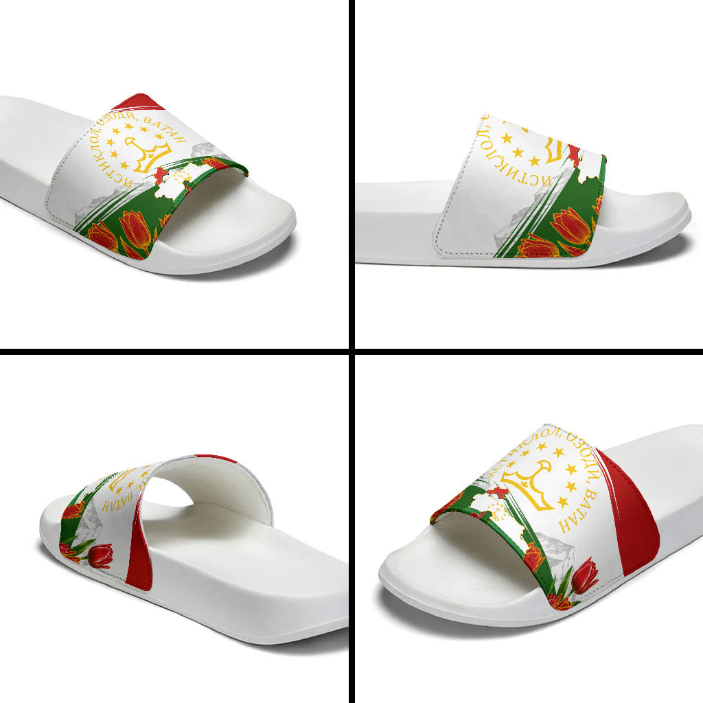 Tajikistan Independence Day Slide Sandals Ismoil Somoni Monument Flag Map Red Tulips