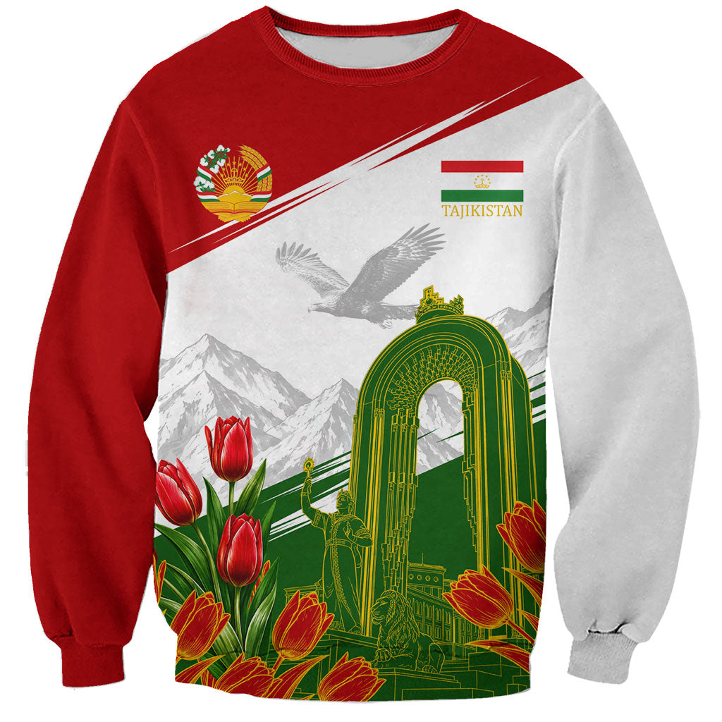 Tajikistan Independence Day Sweatshirt Ismoil Somoni Monument Flag Map Red Tulips