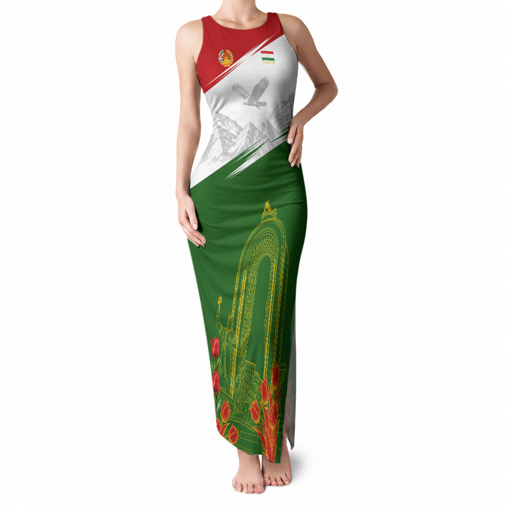 Tajikistan Independence Day Tank Maxi Dress Ismoil Somoni Monument Flag Map Red Tulips