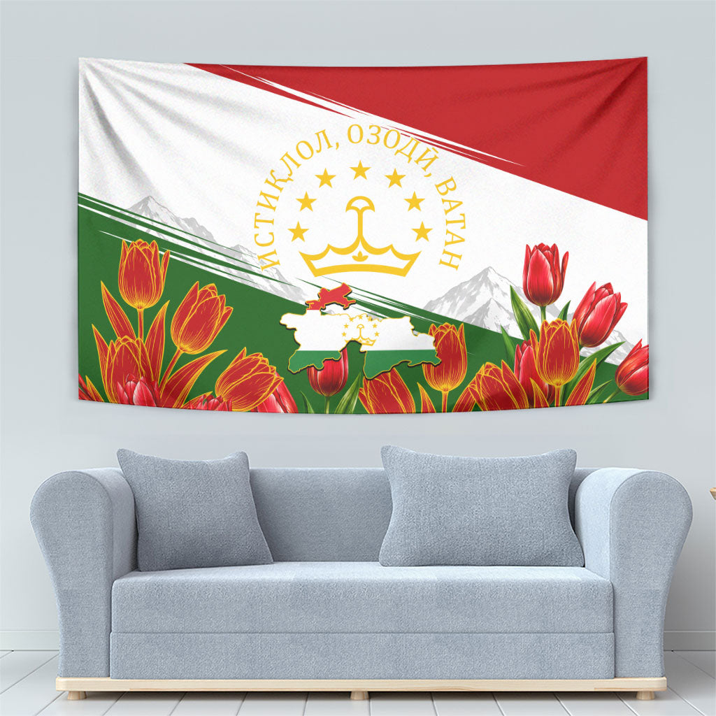 Tajikistan Independence Day Tapestry Ismoil Somoni Monument Flag Map Red Tulips