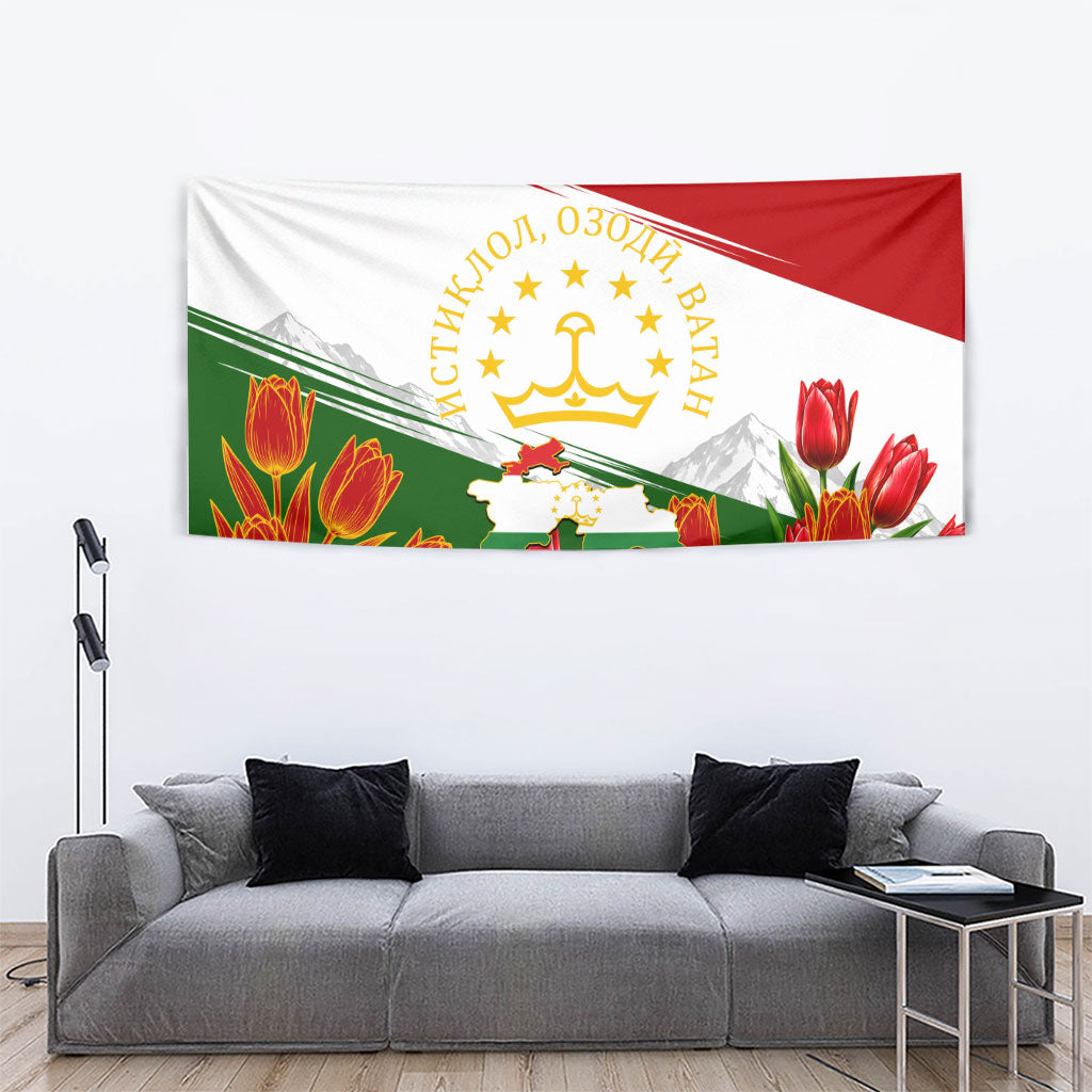 Tajikistan Independence Day Tapestry Ismoil Somoni Monument Flag Map Red Tulips