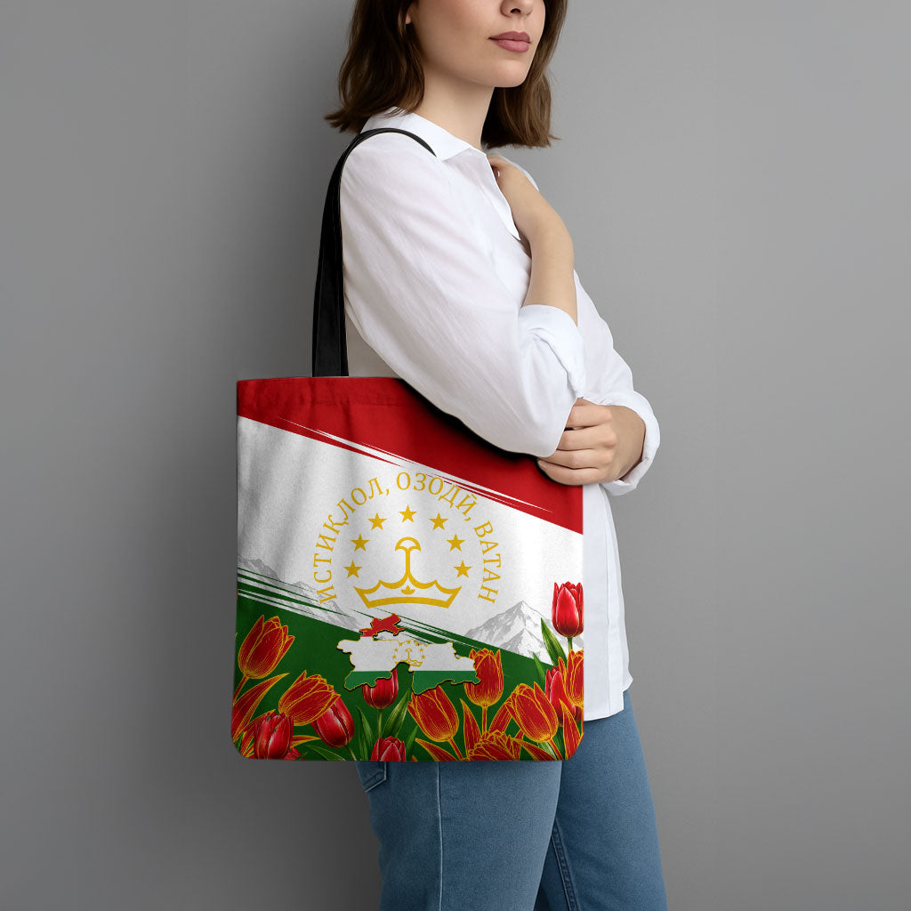 Tajikistan Independence Day Tote Bag Ismoil Somoni Monument Flag Map Red Tulips